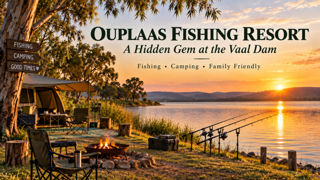 Ouplaas Fishing Resort at the Vaal Dam with waterfront camping and fishing rods at sunset